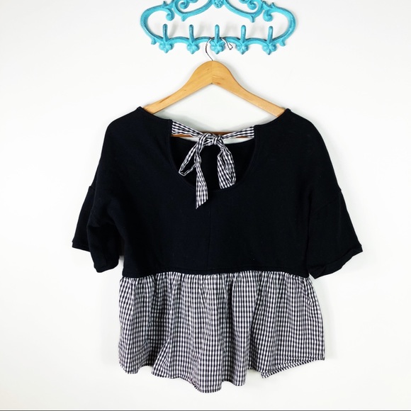 DR2 Gingham Twofer Plaid Tie Back French Terry Top - Picture 3 of 4